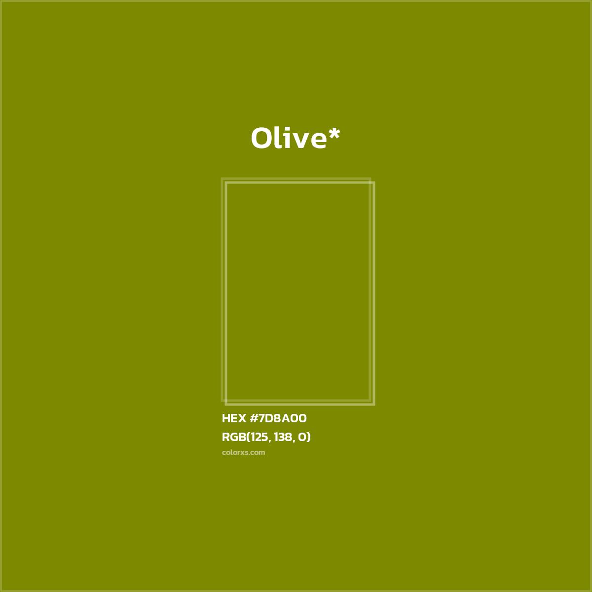 #7D8A00 hex color. RGB, RYB, CMYK, HSL, HSV codes and color conversions. Matching color names, palettes, paints.