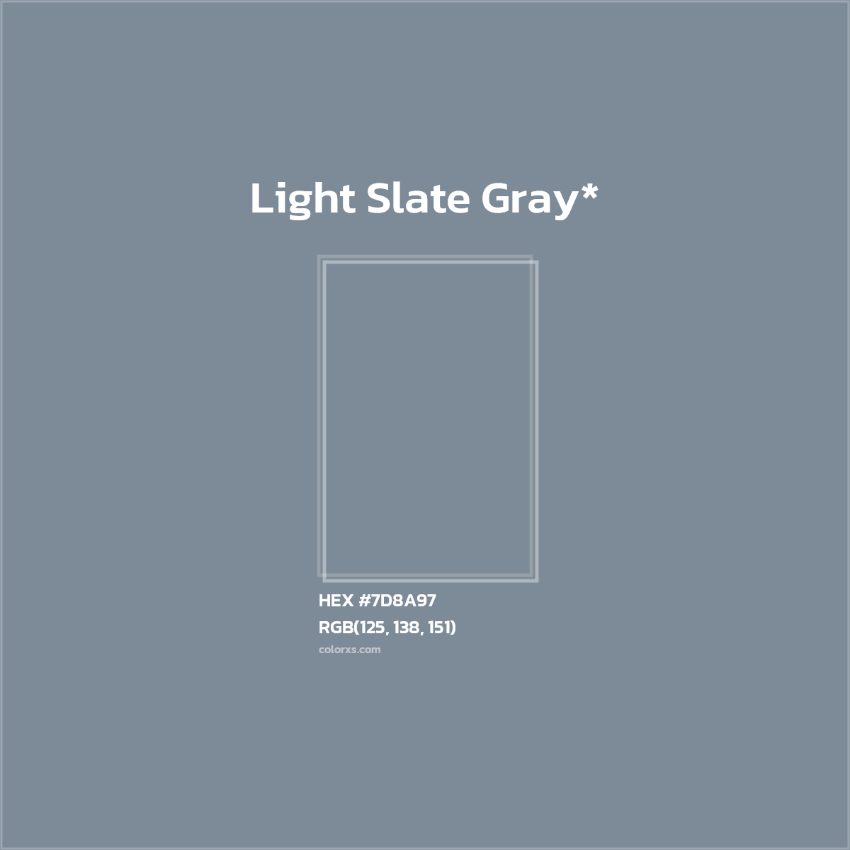#7D8A97 hex color. RGB, RYB, CMYK, HSL, HSV codes and color conversions. Matching color names, palettes, paints.