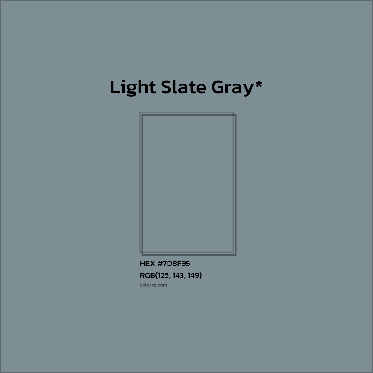 #7D8F95 hex color. RGB, RYB, CMYK, HSL, HSV codes and color conversions. Matching color names, palettes, paints.
