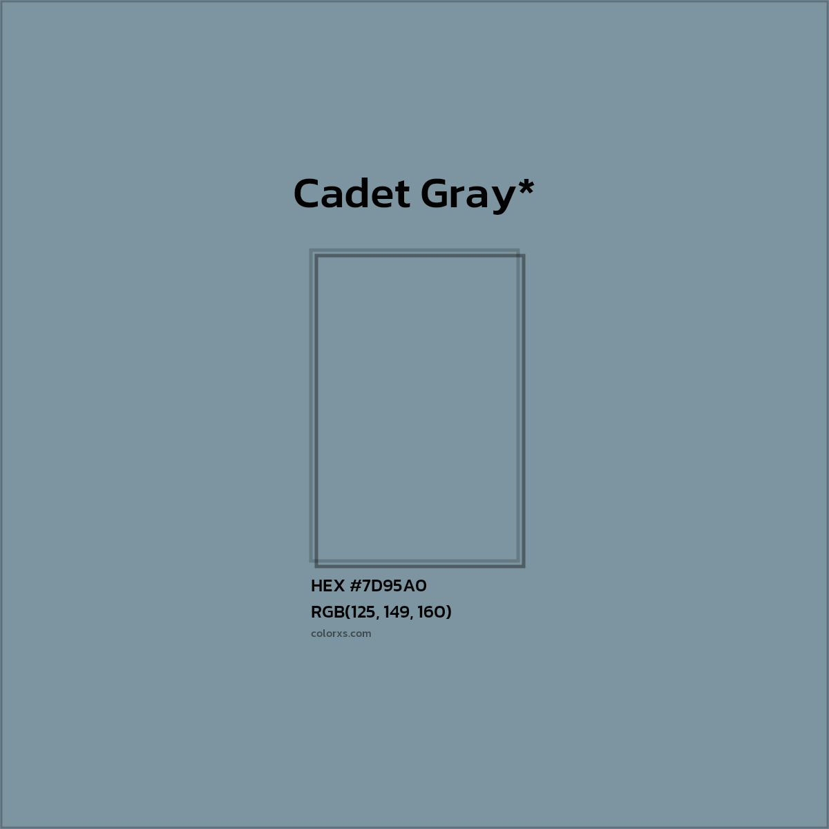 #7D95A0 hex color. RGB, RYB, CMYK, HSL, HSV codes and color conversions. Matching color names, palettes, paints.