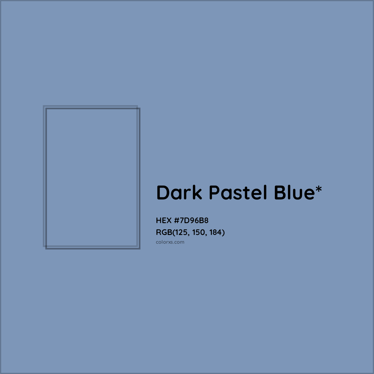 #7D96B8 hex color. RGB, RYB, CMYK, HSL, HSV codes and color conversions. Matching color names, palettes, paints.