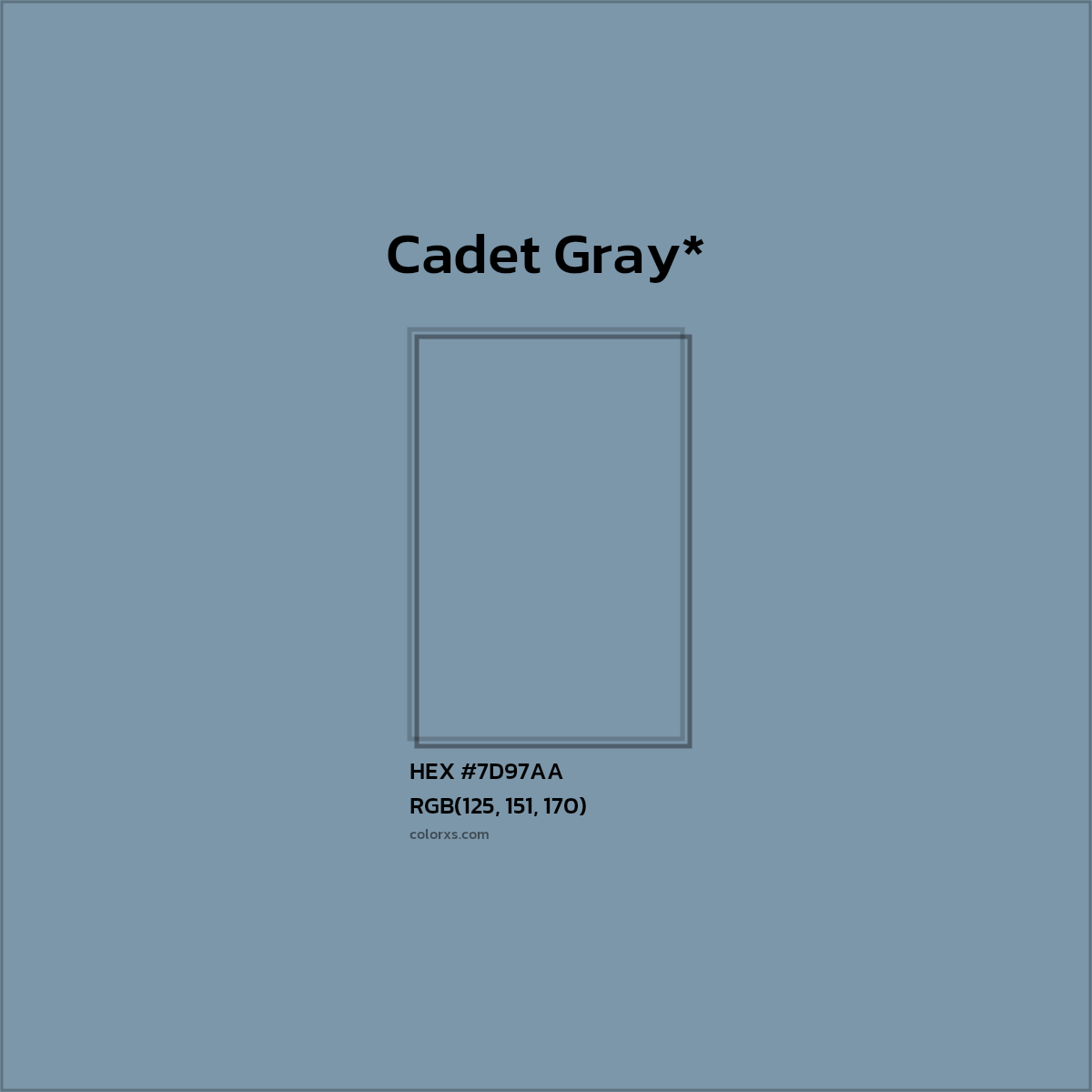 #7D97AA hex color. RGB, RYB, CMYK, HSL, HSV codes and color conversions. Matching color names, palettes, paints.