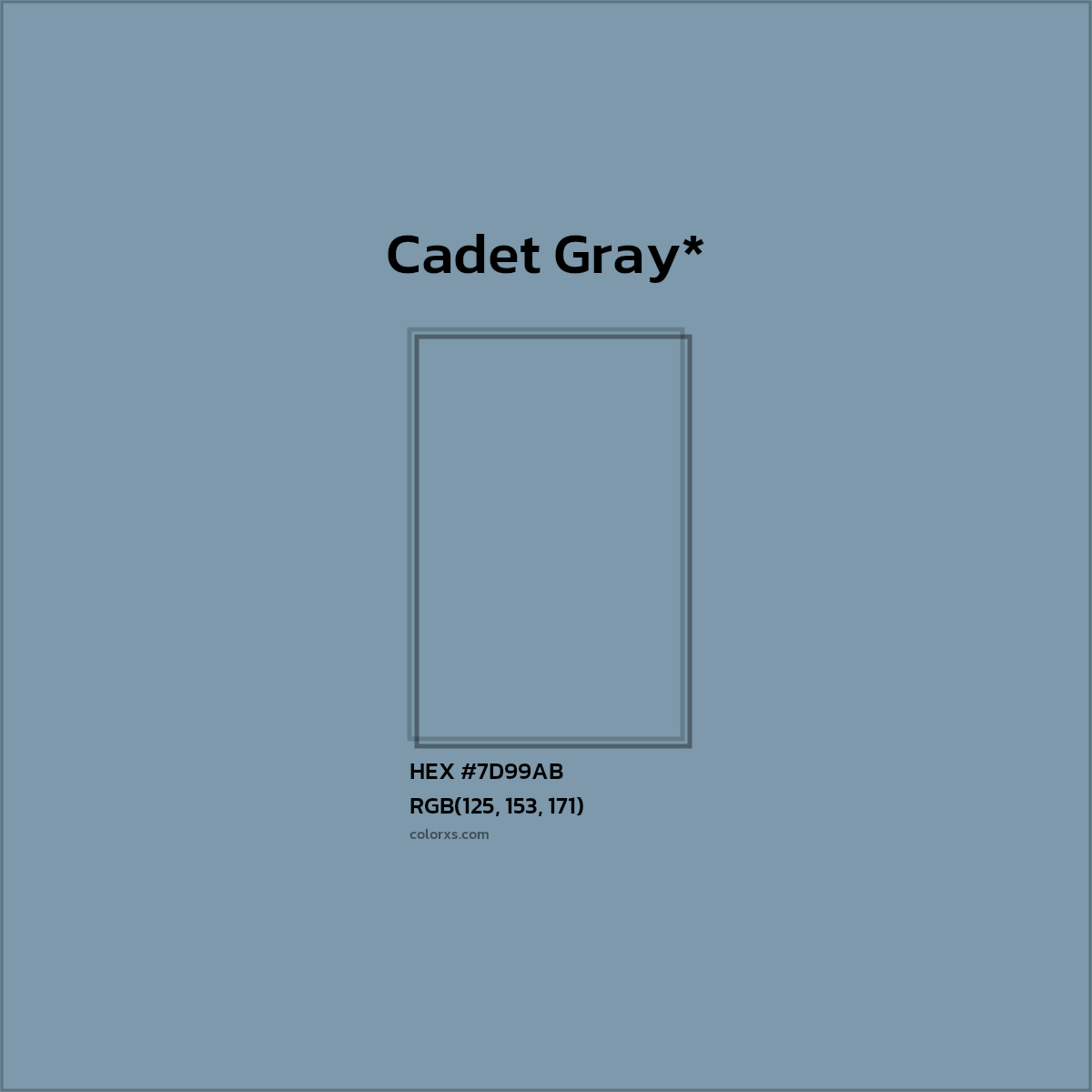 #7D99AB hex color. RGB, RYB, CMYK, HSL, HSV codes and color conversions. Matching color names, palettes, paints.