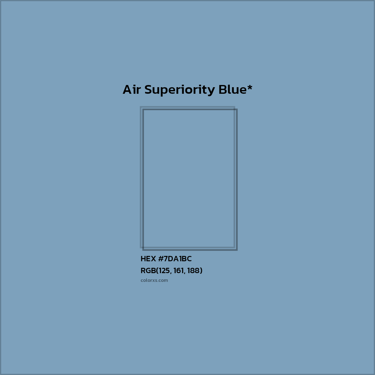 #7DA1BC hex color. RGB, RYB, CMYK, HSL, HSV codes and color conversions. Matching color names, palettes, paints.