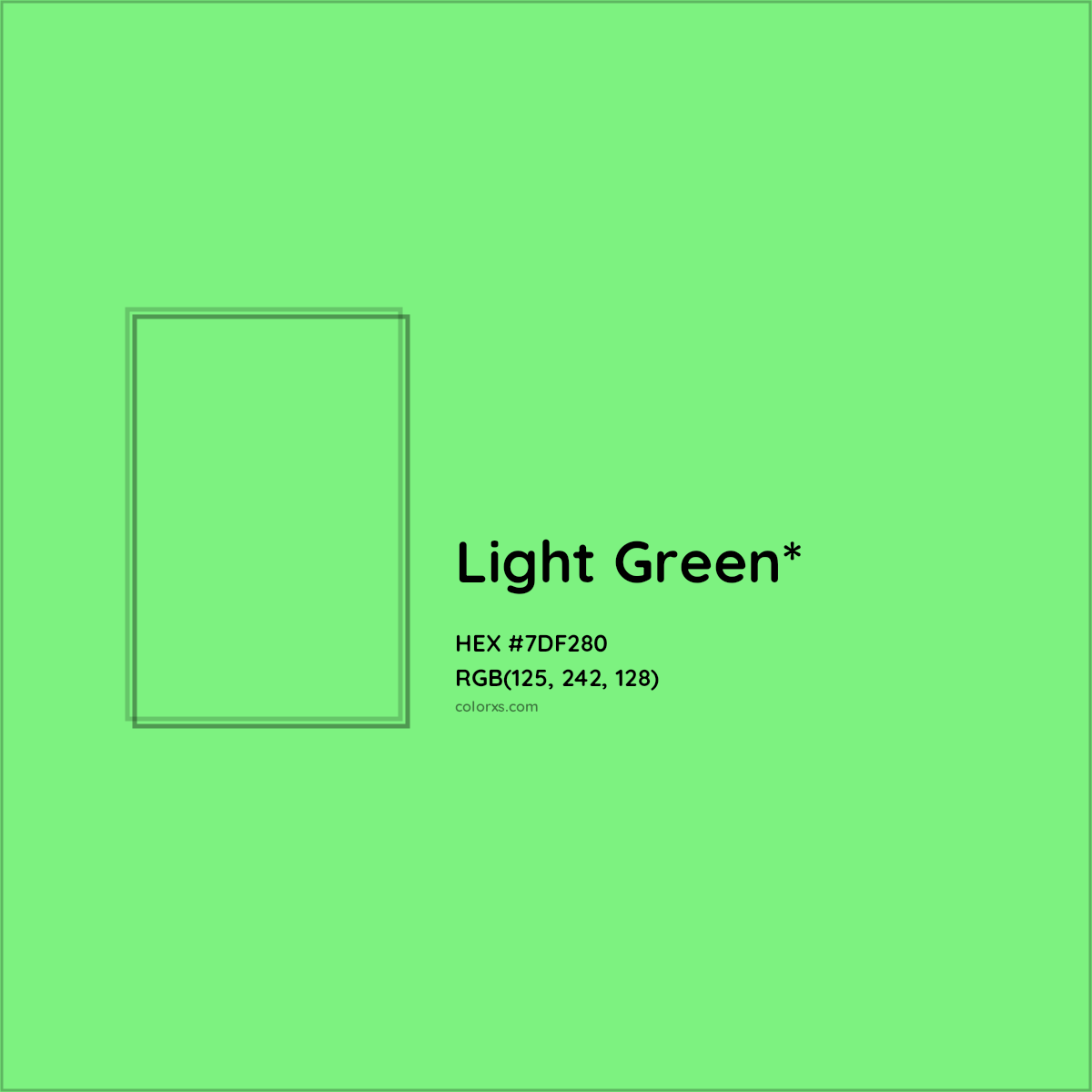 #7DF280 hex color. RGB, RYB, CMYK, HSL, HSV codes and color conversions. Matching color names, palettes, paints.