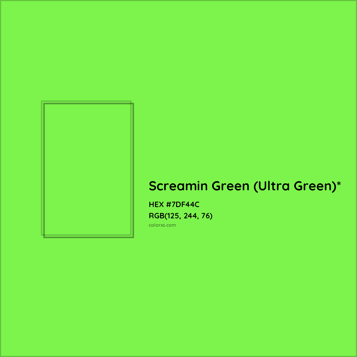 #7DF44C hex color. RGB, RYB, CMYK, HSL, HSV codes and color conversions. Matching color names, palettes, paints.