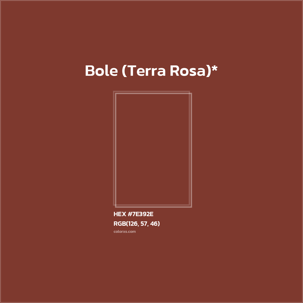 #7E392E hex color. RGB, RYB, CMYK, HSL, HSV codes and color conversions. Matching color names, palettes, paints.