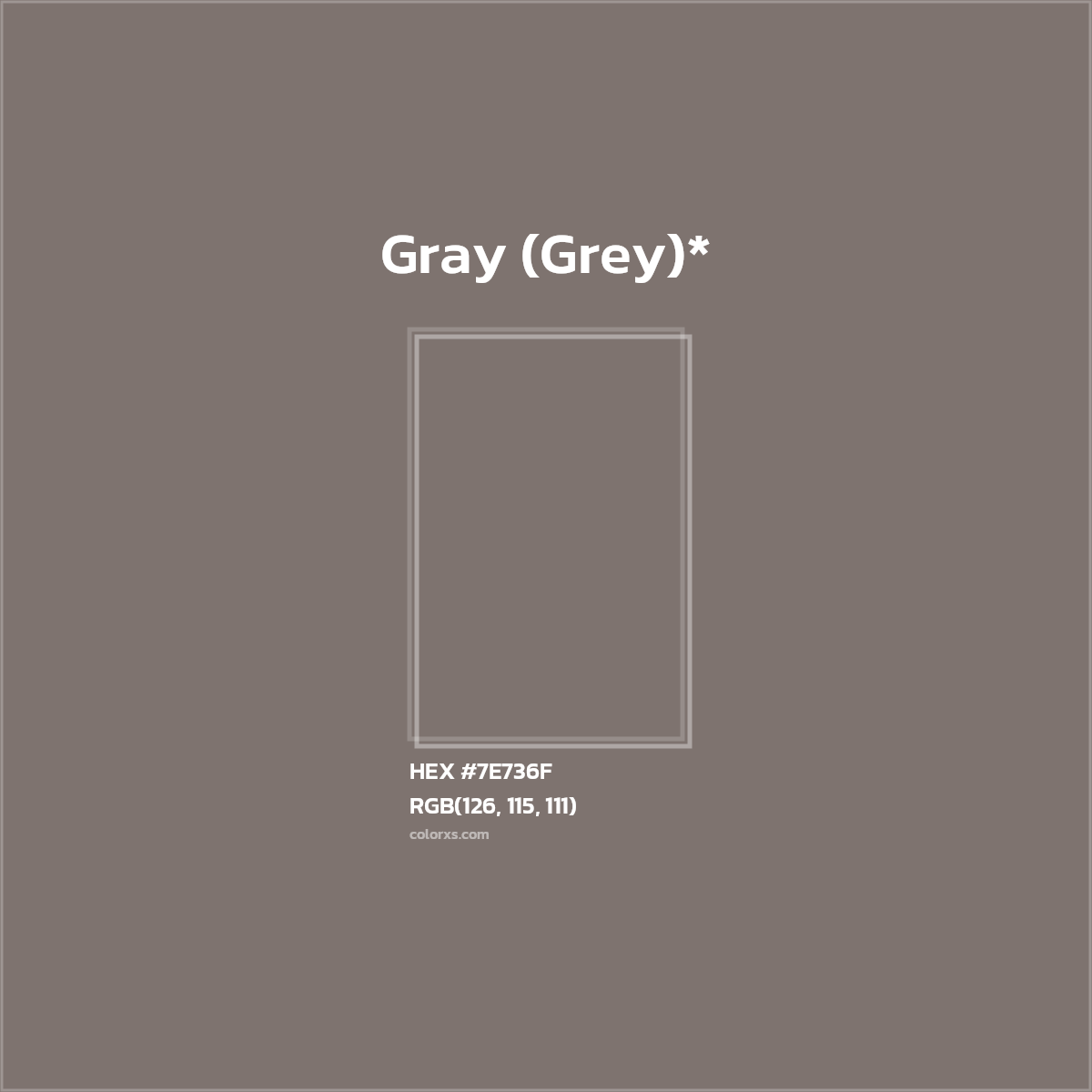 #7E736F hex color. RGB, RYB, CMYK, HSL, HSV codes and color conversions. Matching color names, palettes, paints.