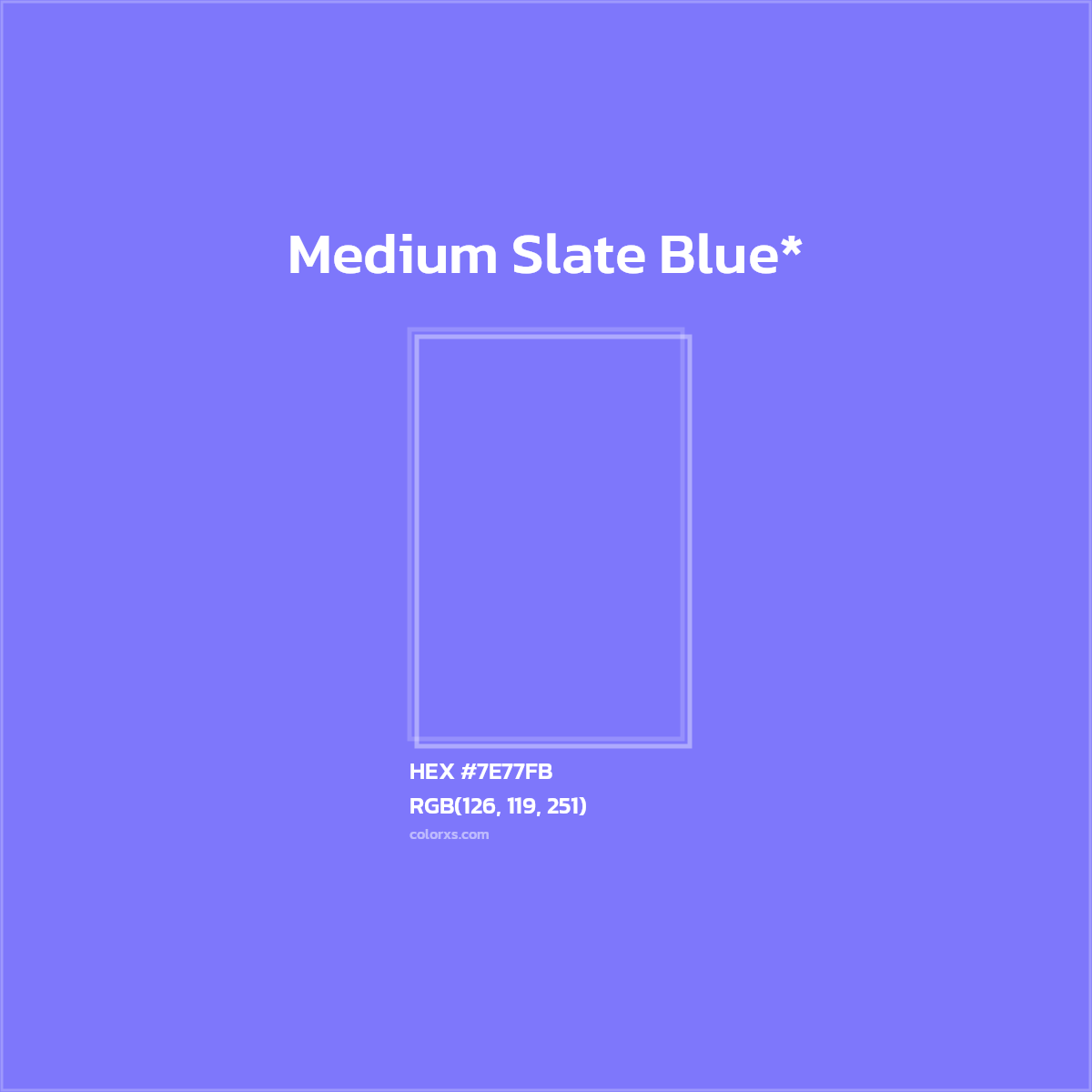 #7E77FB hex color. RGB, RYB, CMYK, HSL, HSV codes and color conversions. Matching color names, palettes, paints.