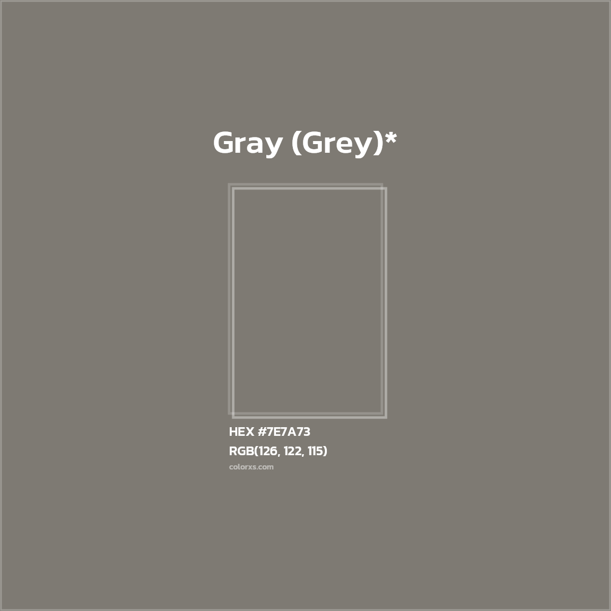 #7E7A73 hex color. RGB, RYB, CMYK, HSL, HSV codes and color conversions. Matching color names, palettes, paints.
