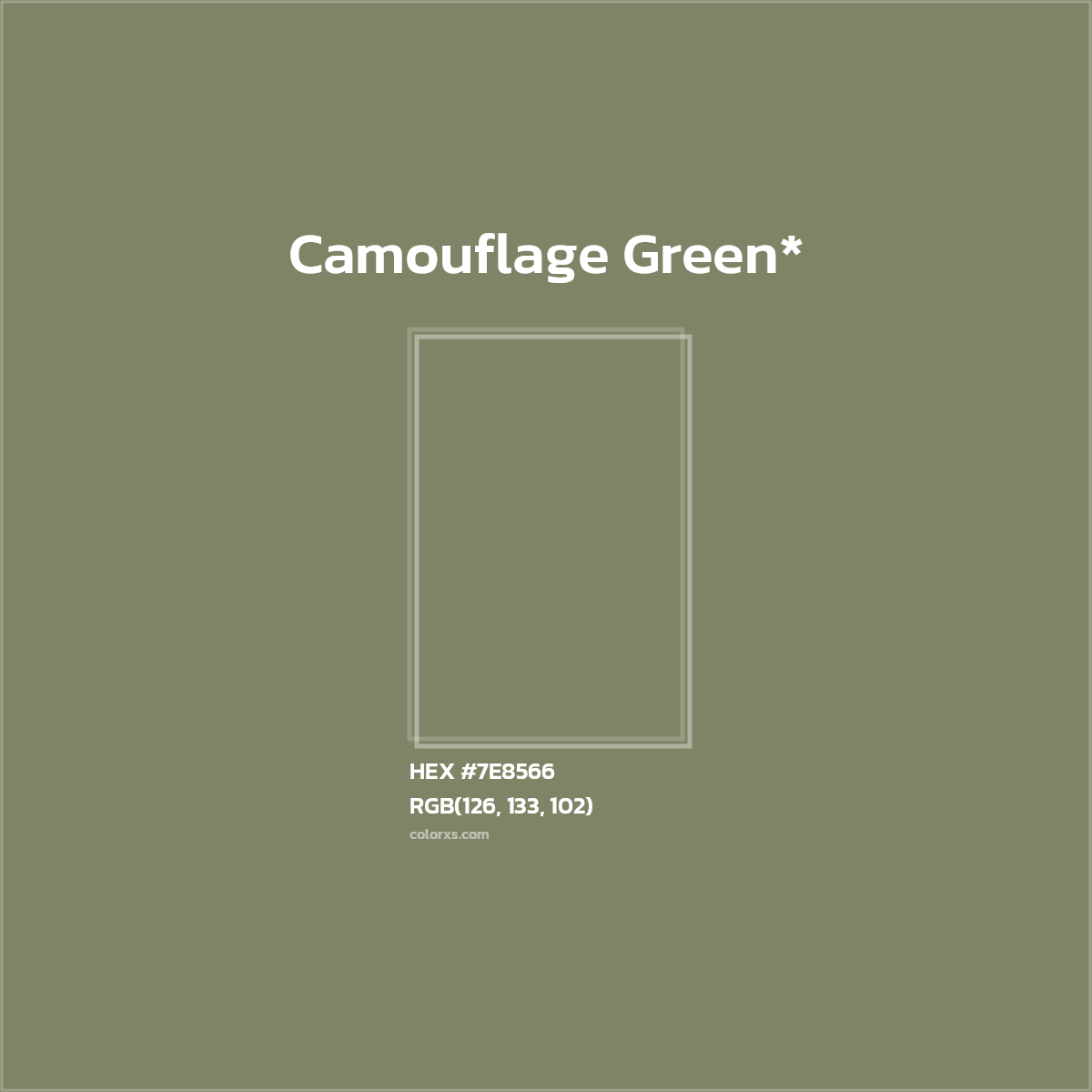#7E8566 hex color. RGB, RYB, CMYK, HSL, HSV codes and color conversions. Matching color names, palettes, paints.