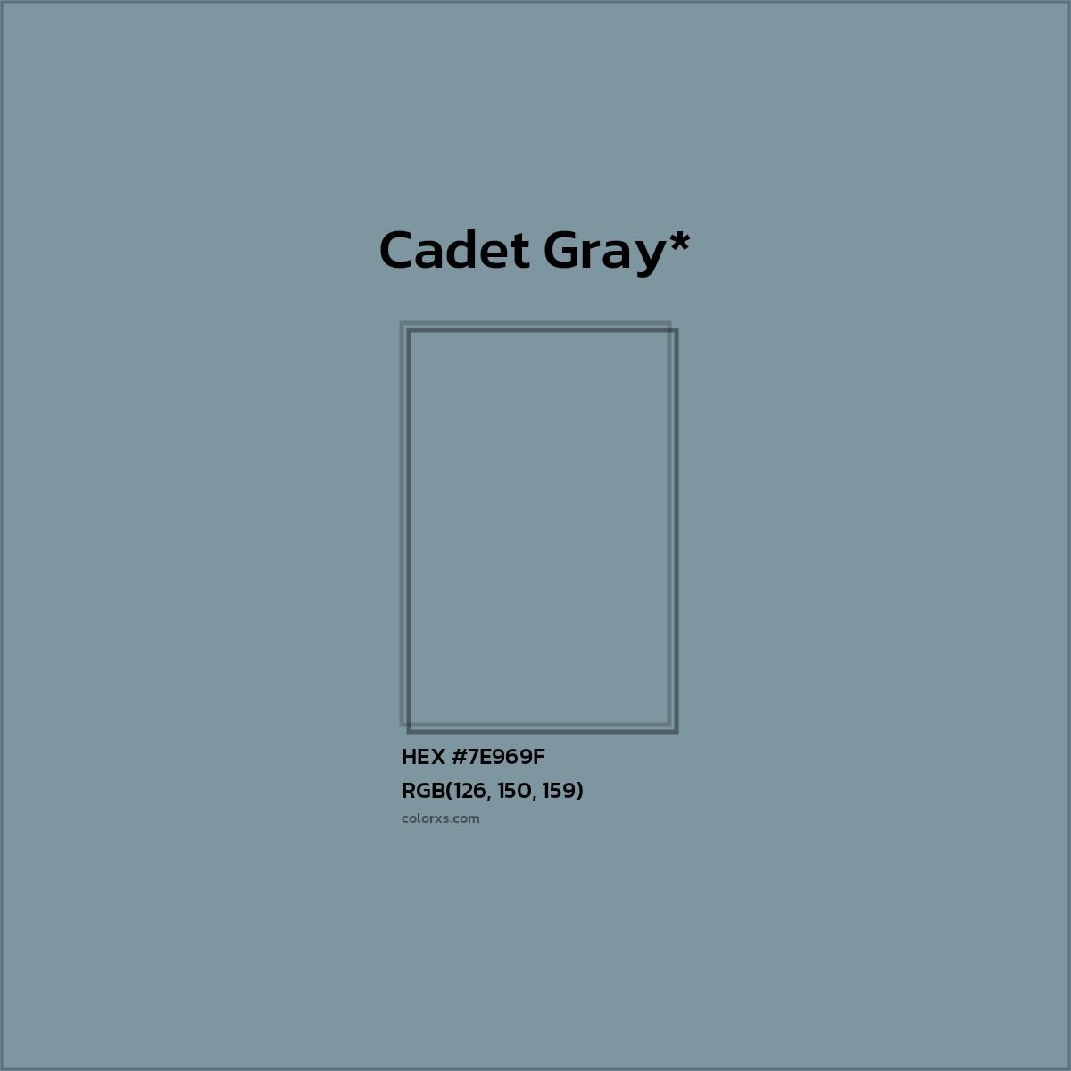 #7E969F hex color. RGB, RYB, CMYK, HSL, HSV codes and color conversions. Matching color names, palettes, paints.