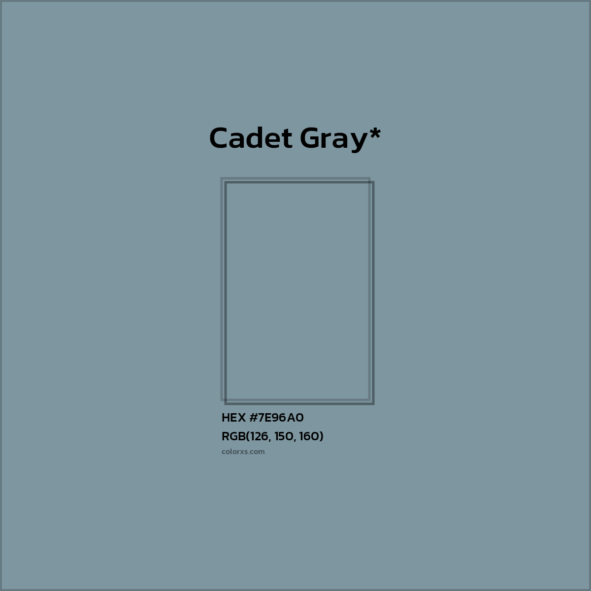 #7E96A0 hex color. RGB, RYB, CMYK, HSL, HSV codes and color conversions. Matching color names, palettes, paints.