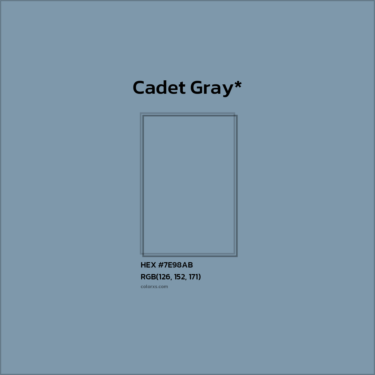 #7E98AB hex color. RGB, RYB, CMYK, HSL, HSV codes and color conversions. Matching color names, palettes, paints.