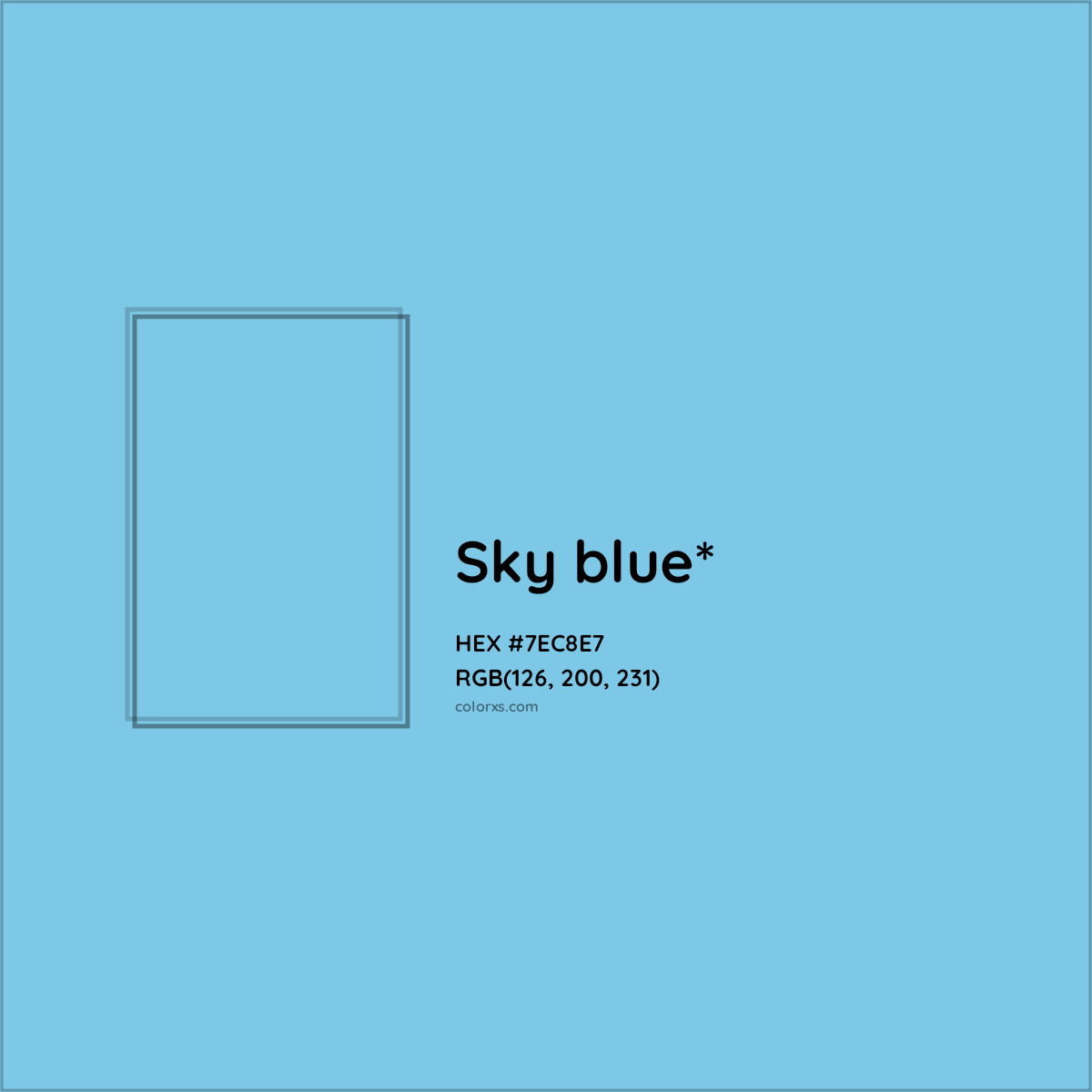 #7EC8E7 hex color. RGB, RYB, CMYK, HSL, HSV codes and color conversions. Matching color names, palettes, paints.