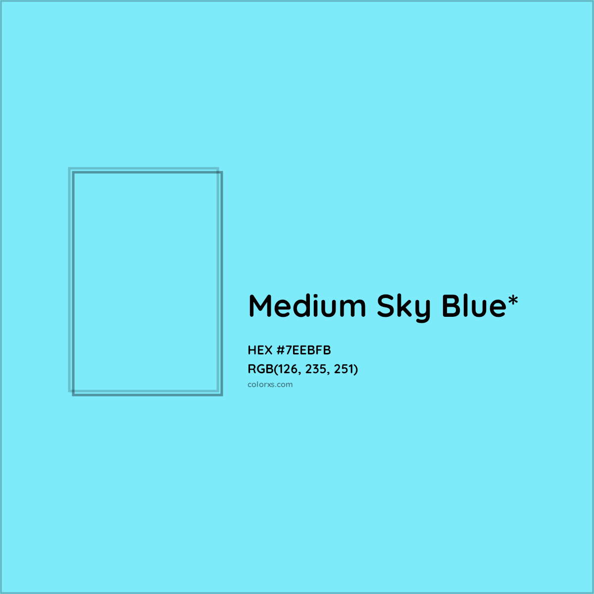 #7EEBFB hex color. RGB, RYB, CMYK, HSL, HSV codes and color conversions. Matching color names, palettes, paints.