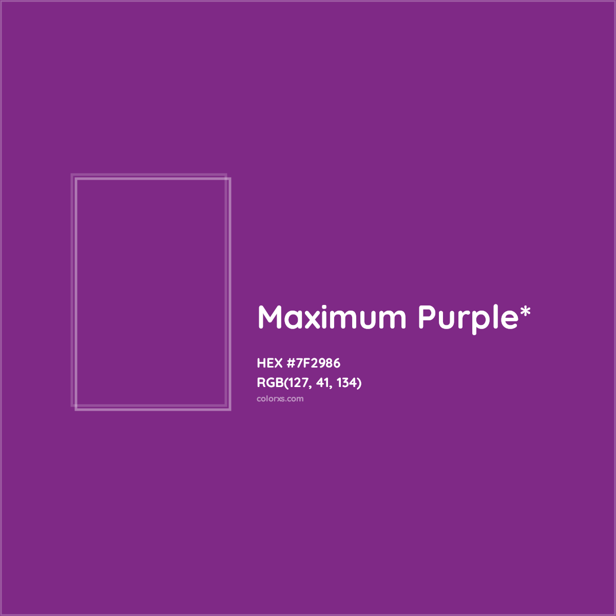 #7F2986 hex color. RGB, RYB, CMYK, HSL, HSV codes and color conversions. Matching color names, palettes, paints.