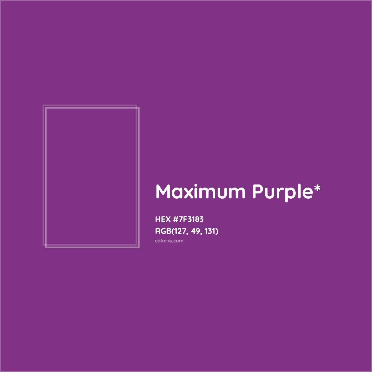#7F3183 hex color. RGB, RYB, CMYK, HSL, HSV codes and color conversions. Matching color names, palettes, paints.