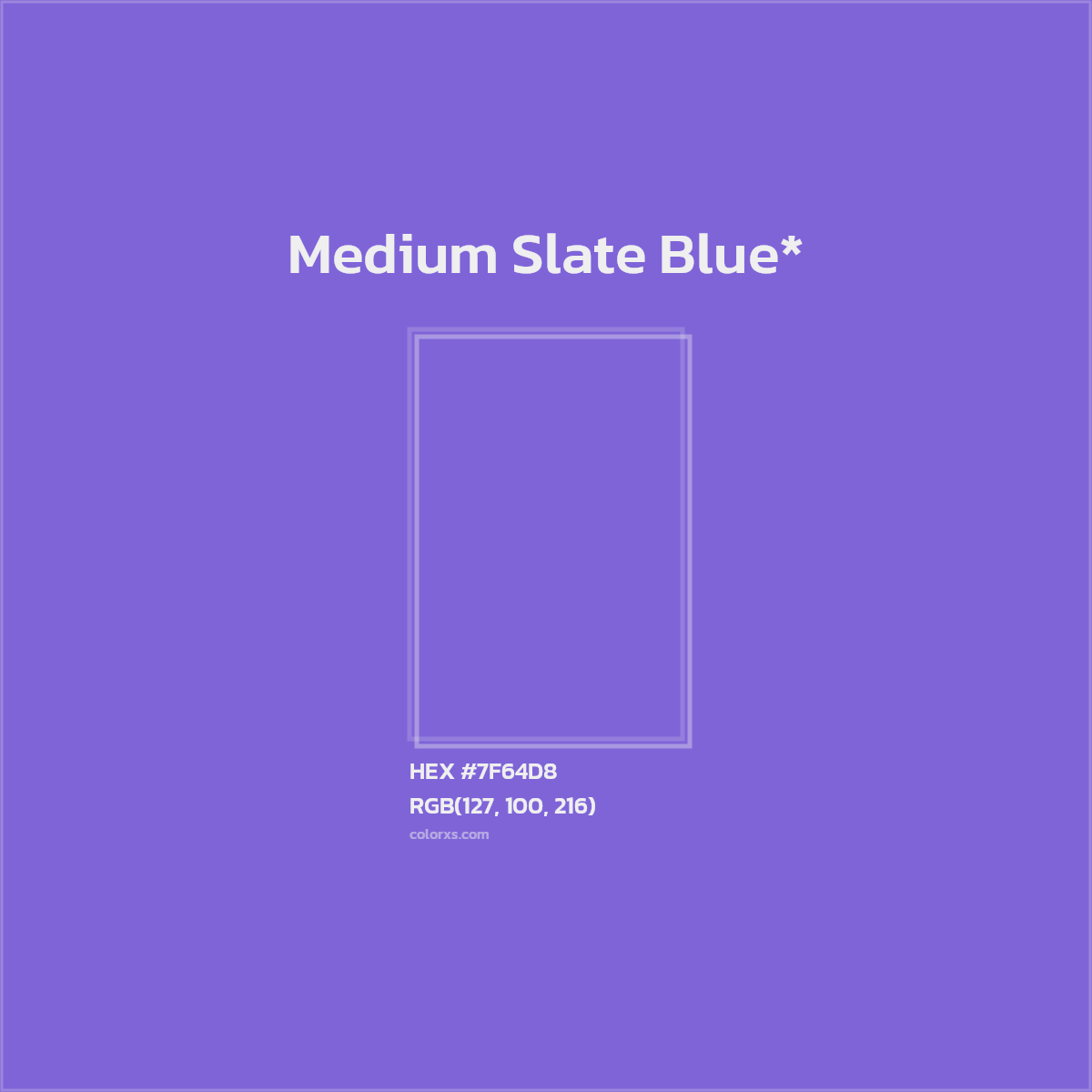 #7F64D8 hex color. RGB, RYB, CMYK, HSL, HSV codes and color conversions. Matching color names, palettes, paints.