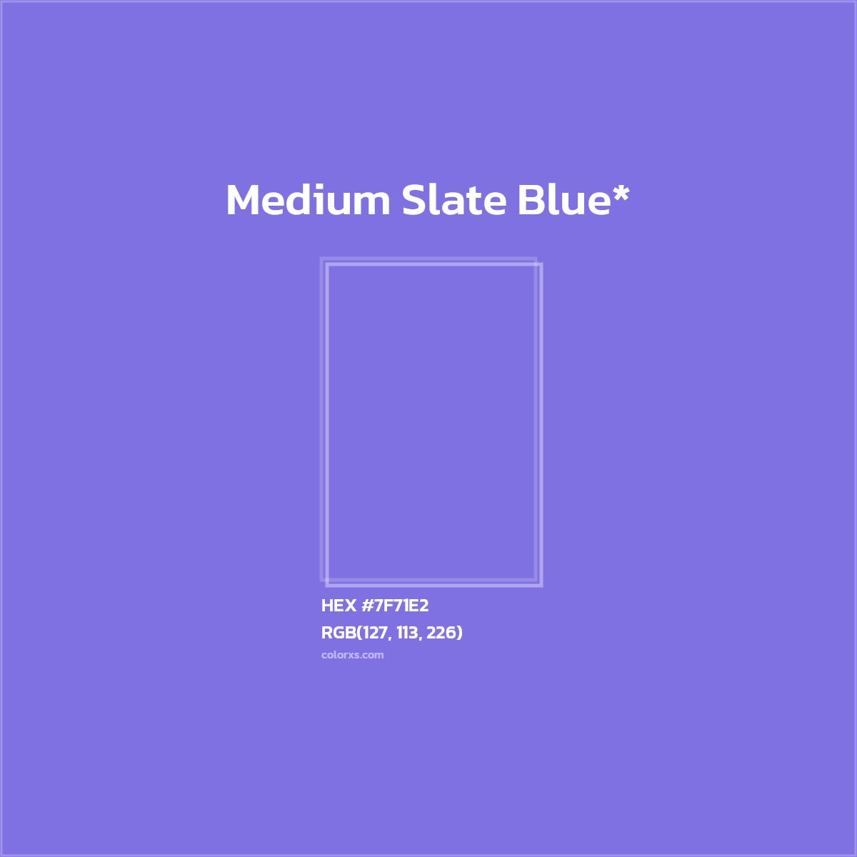 #7F71E2 hex color. RGB, RYB, CMYK, HSL, HSV codes and color conversions. Matching color names, palettes, paints.