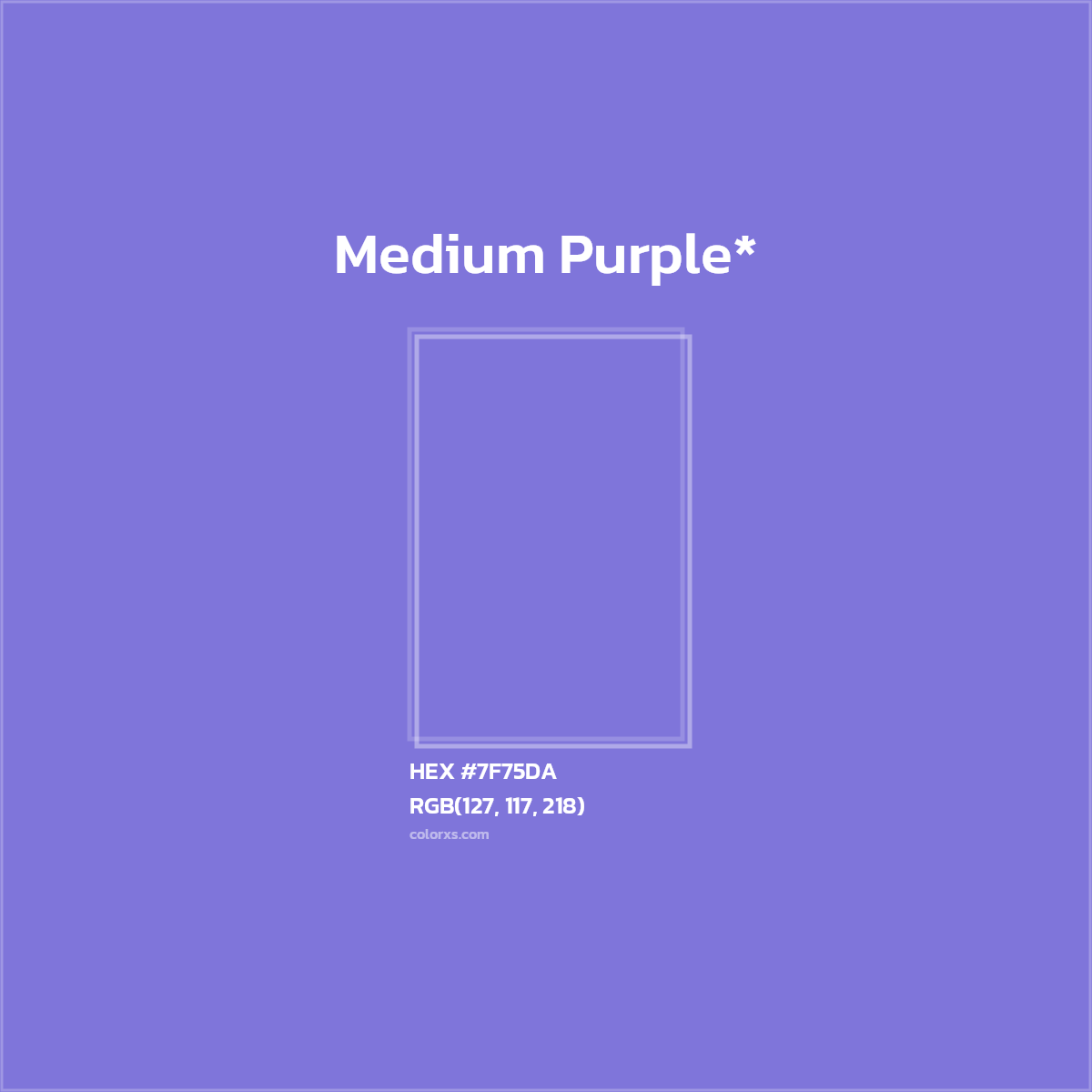 #7F75DA hex color. RGB, RYB, CMYK, HSL, HSV codes and color conversions. Matching color names, palettes, paints.