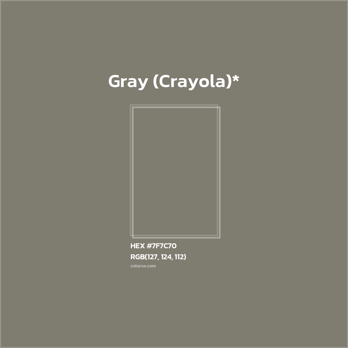 #7F7C70 hex color. RGB, RYB, CMYK, HSL, HSV codes and color conversions. Matching color names, palettes, paints.