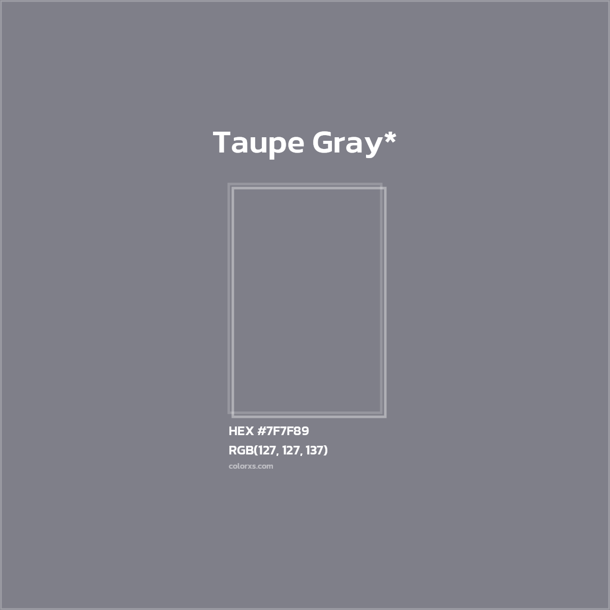#7F7F89 hex color. RGB, RYB, CMYK, HSL, HSV codes and color conversions. Matching color names, palettes, paints.