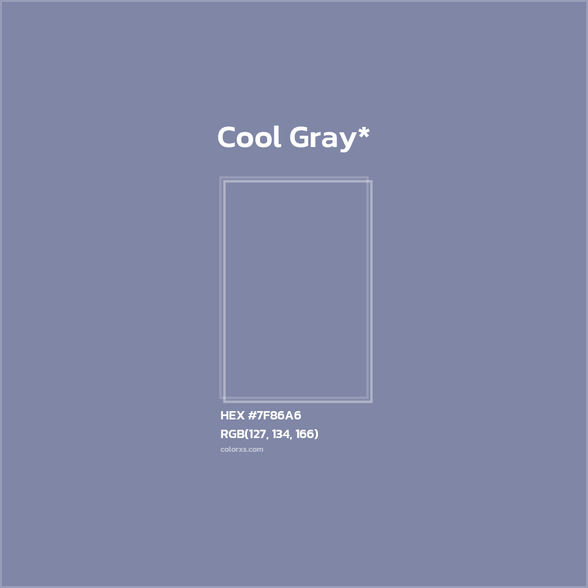 #7F86A6 hex color. RGB, RYB, CMYK, HSL, HSV codes and color conversions. Matching color names, palettes, paints.