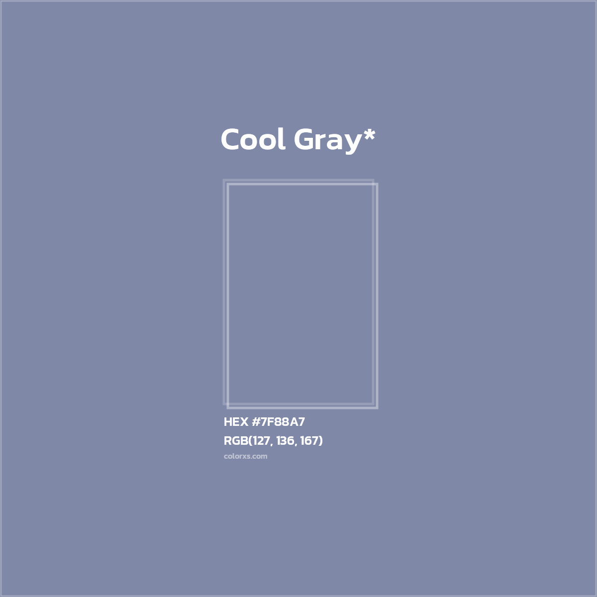 #7F88A7 hex color. RGB, RYB, CMYK, HSL, HSV codes and color conversions. Matching color names, palettes, paints.
