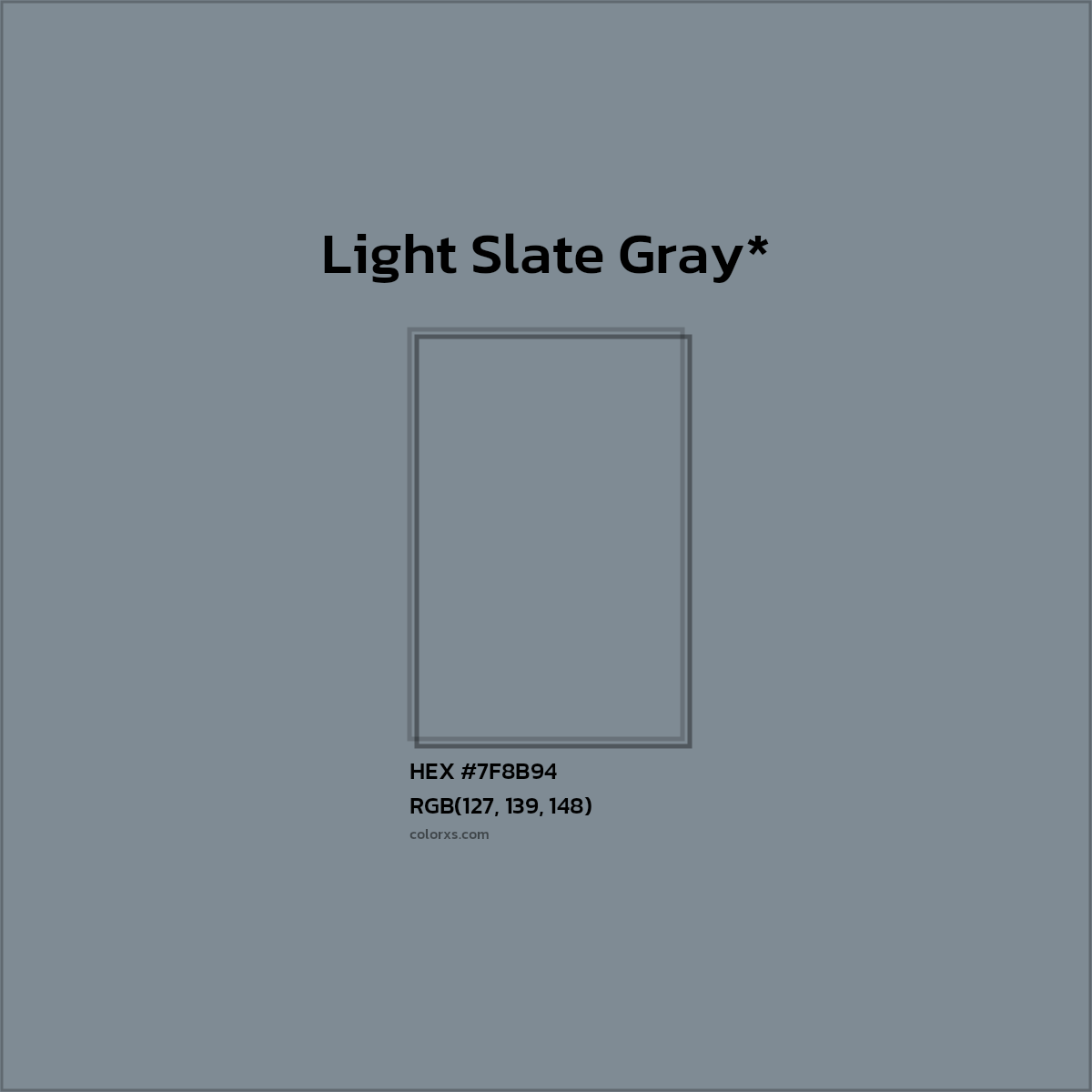 #7F8B94 hex color. RGB, RYB, CMYK, HSL, HSV codes and color conversions. Matching color names, palettes, paints.