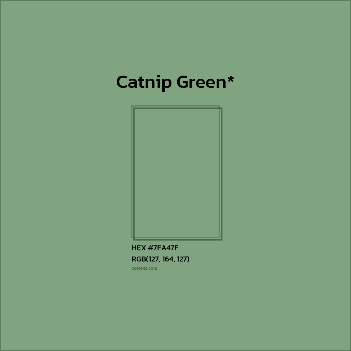 #7FA47F hex color. RGB, RYB, CMYK, HSL, HSV codes and color conversions. Matching color names, palettes, paints.