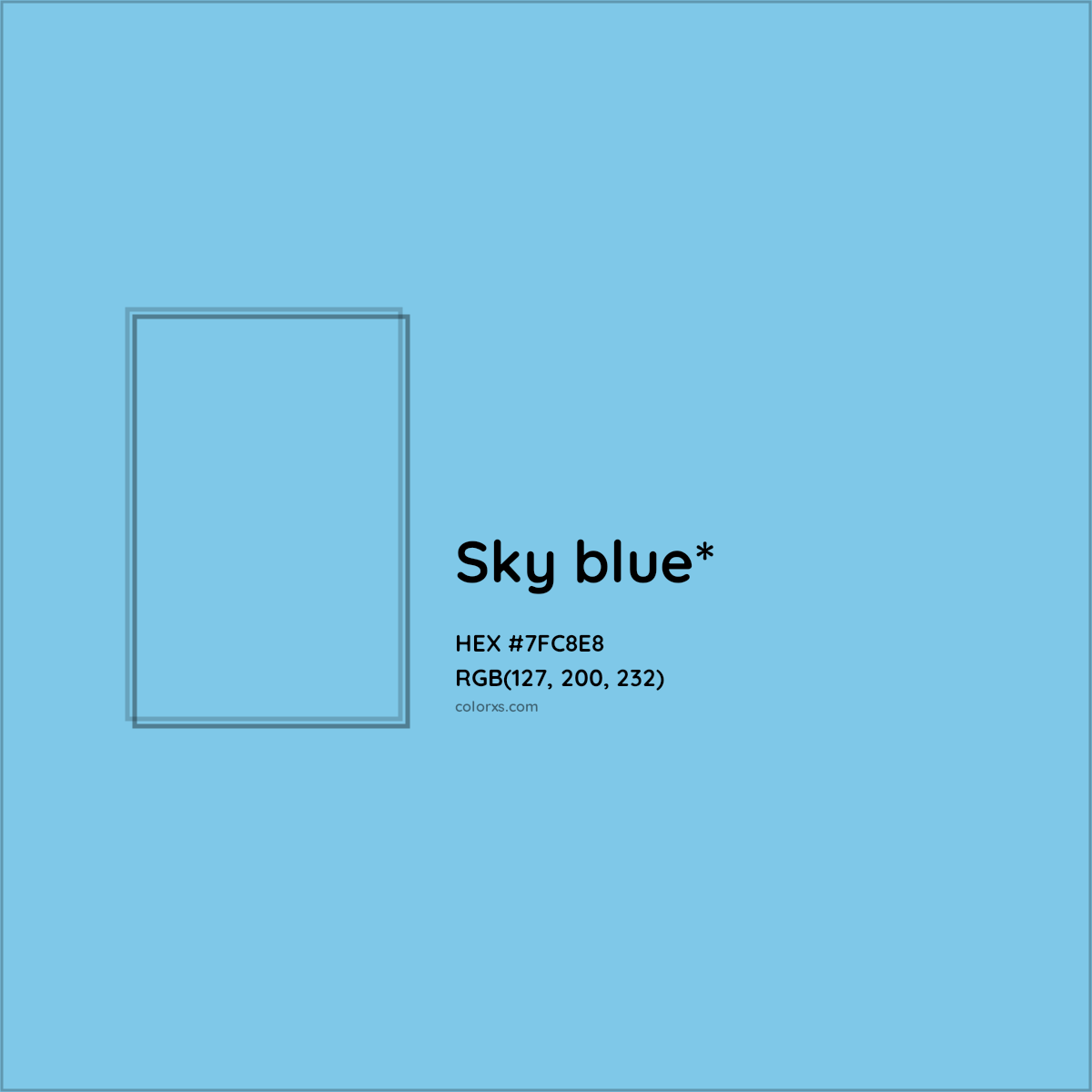 #7FC8E8 hex color. RGB, RYB, CMYK, HSL, HSV codes and color conversions. Matching color names, palettes, paints.