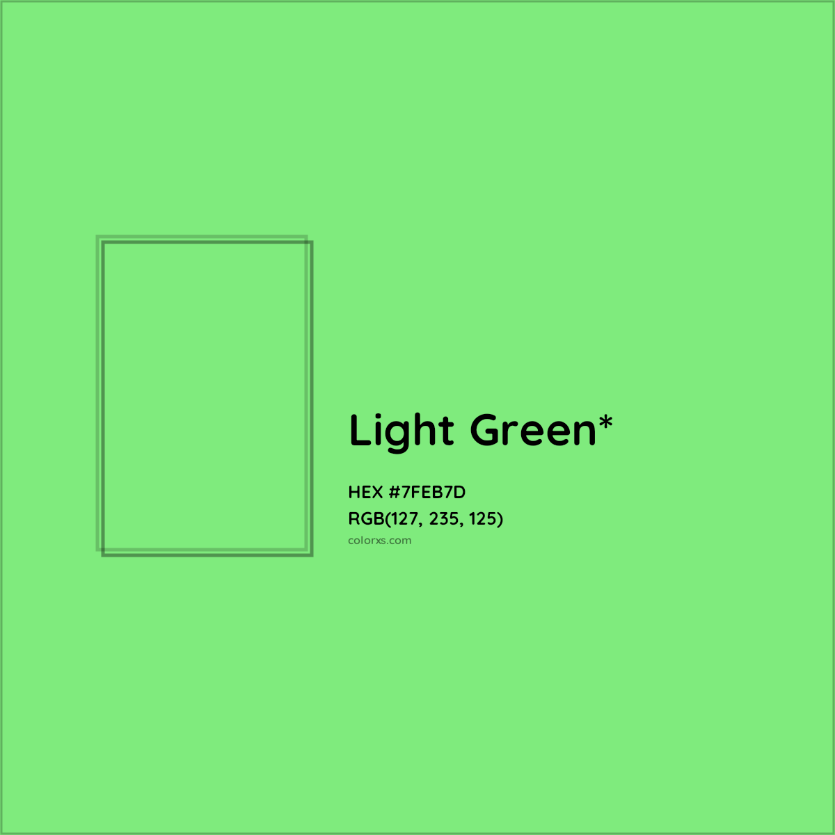 #7FEB7D hex color. RGB, RYB, CMYK, HSL, HSV codes and color conversions. Matching color names, palettes, paints.