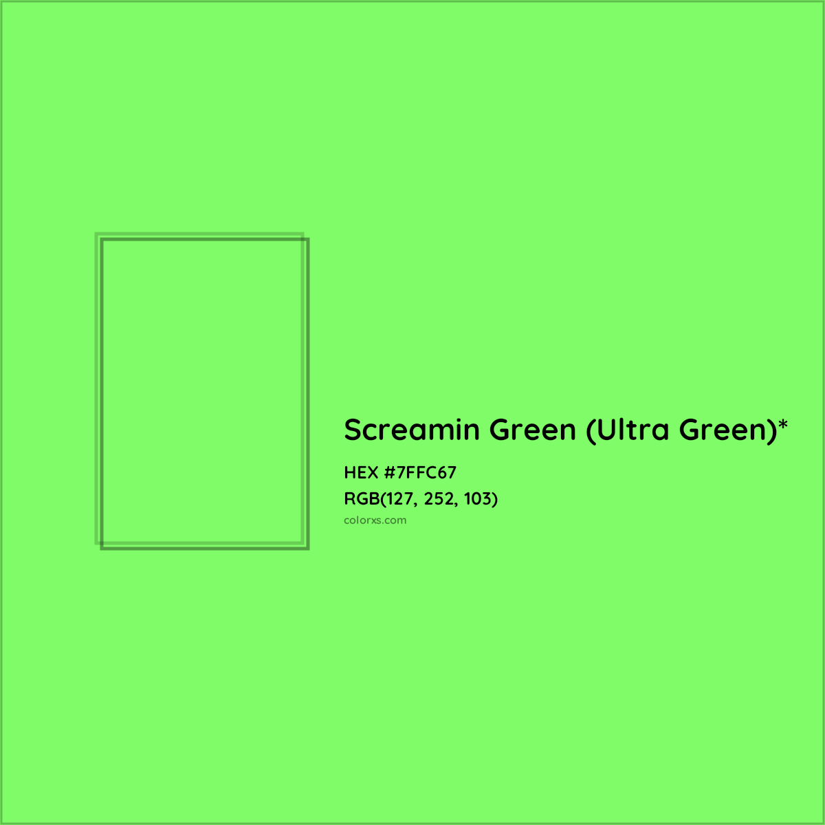 #7FFC67 hex color. RGB, RYB, CMYK, HSL, HSV codes and color conversions. Matching color names, palettes, paints.