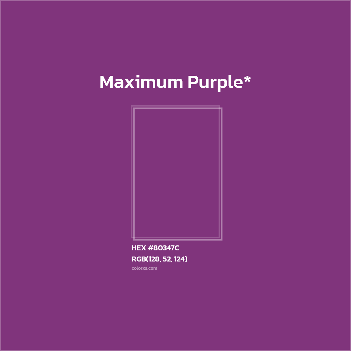 #80347C hex color. RGB, RYB, CMYK, HSL, HSV codes and color conversions. Matching color names, palettes, paints.
