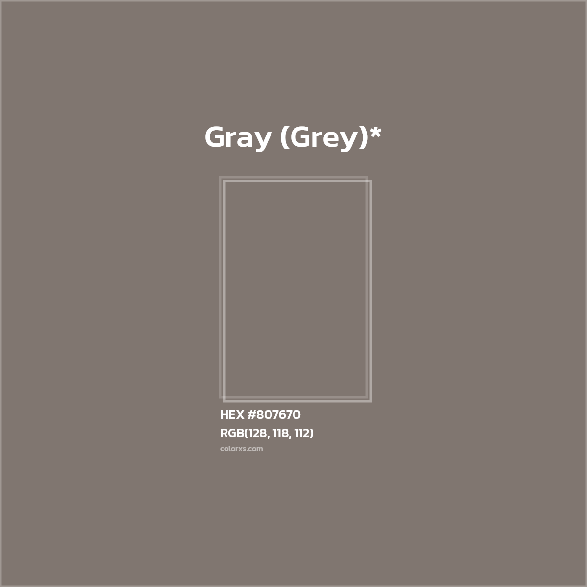 #807670 hex color. RGB, RYB, CMYK, HSL, HSV codes and color conversions. Matching color names, palettes, paints.