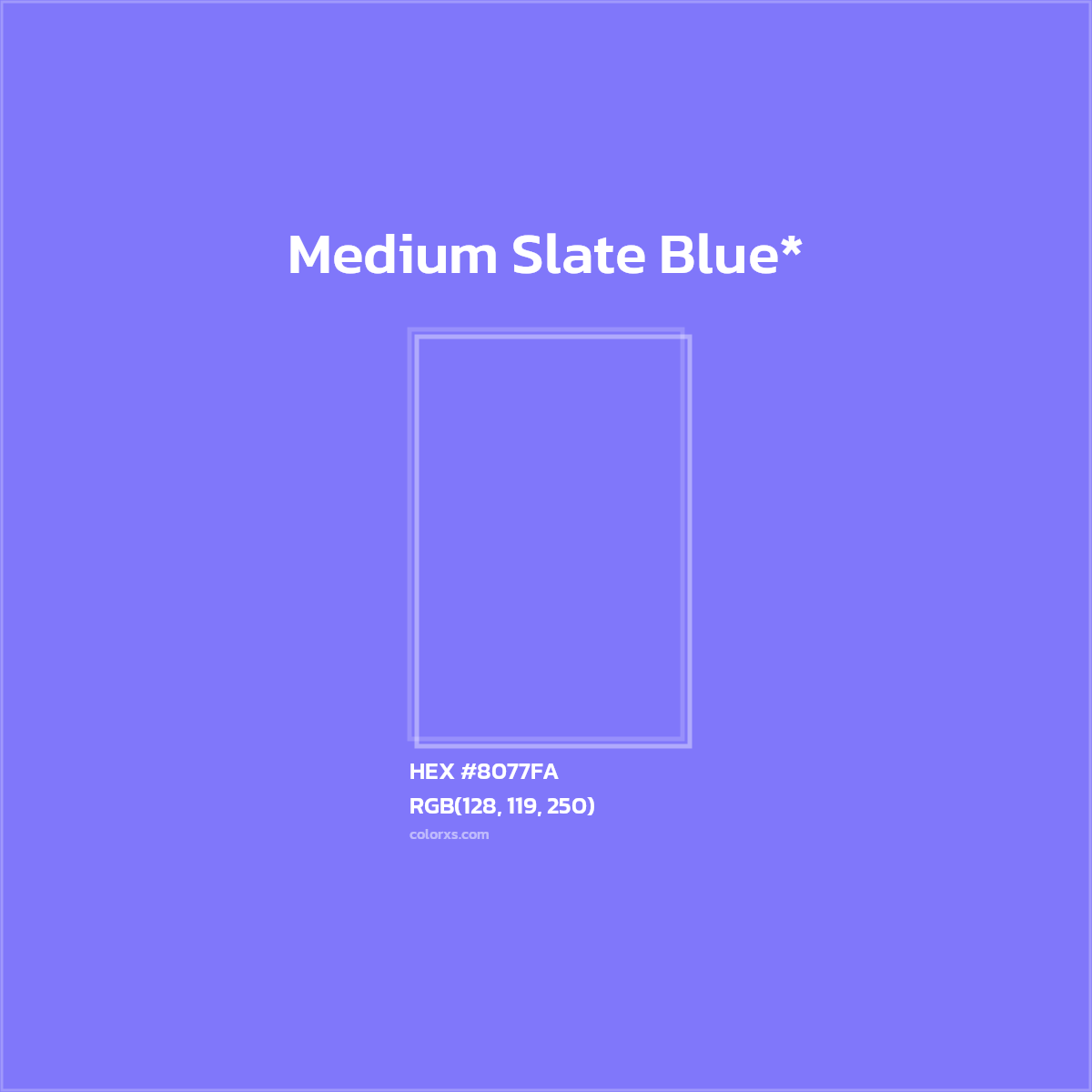 #8077FA hex color. RGB, RYB, CMYK, HSL, HSV codes and color conversions. Matching color names, palettes, paints.