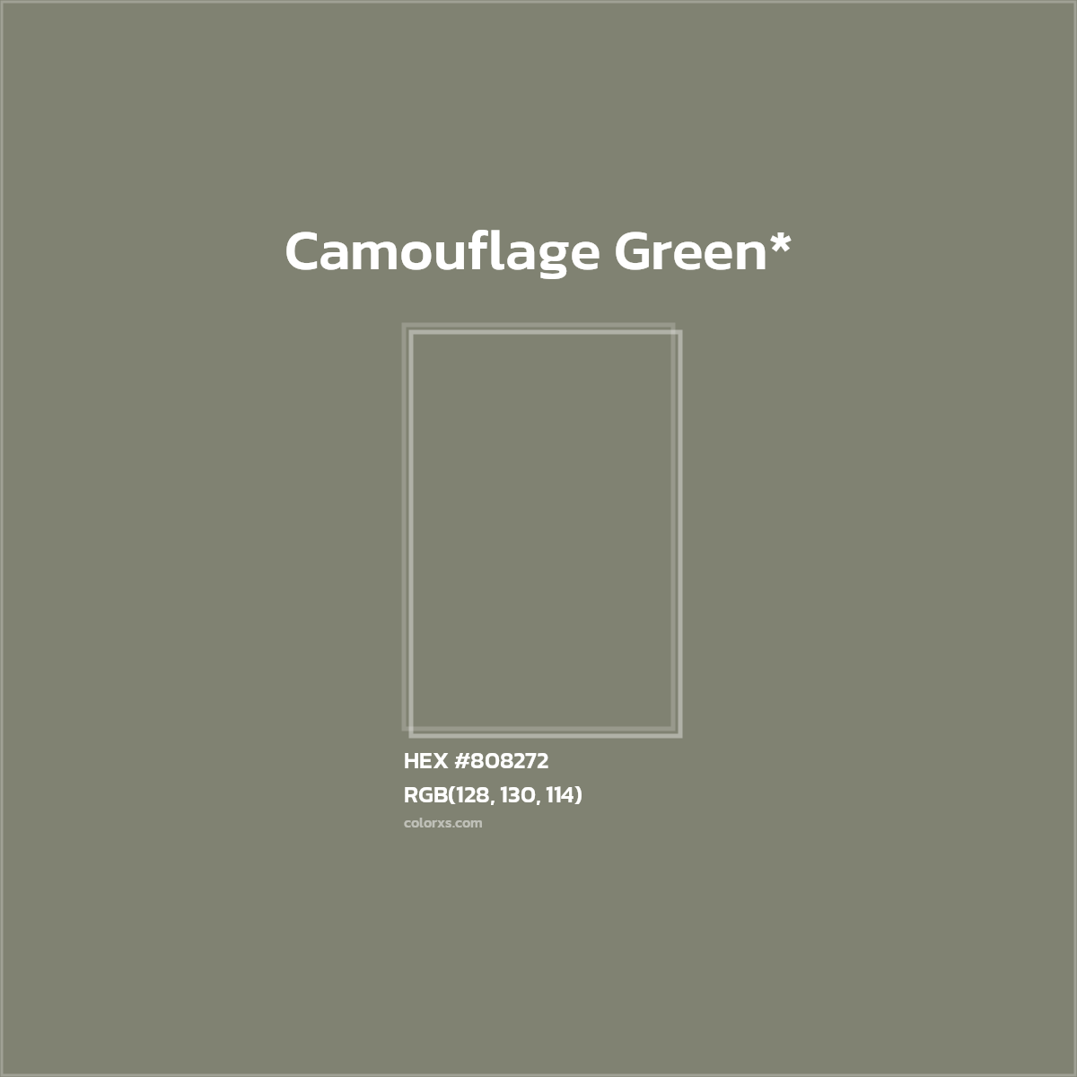 #808272 hex color. RGB, RYB, CMYK, HSL, HSV codes and color conversions. Matching color names, palettes, paints.