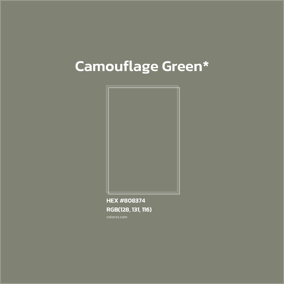 #808374 hex color. RGB, RYB, CMYK, HSL, HSV codes and color conversions. Matching color names, palettes, paints.