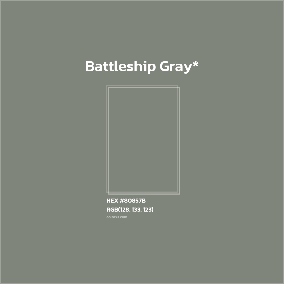 #80857B hex color. RGB, RYB, CMYK, HSL, HSV codes and color conversions. Matching color names, palettes, paints.