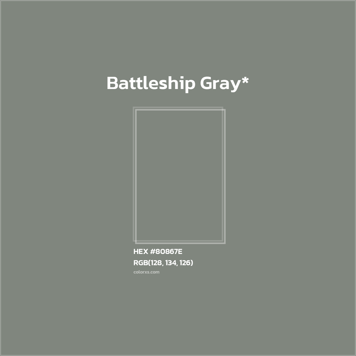 #80867E hex color. RGB, RYB, CMYK, HSL, HSV codes and color conversions. Matching color names, palettes, paints.