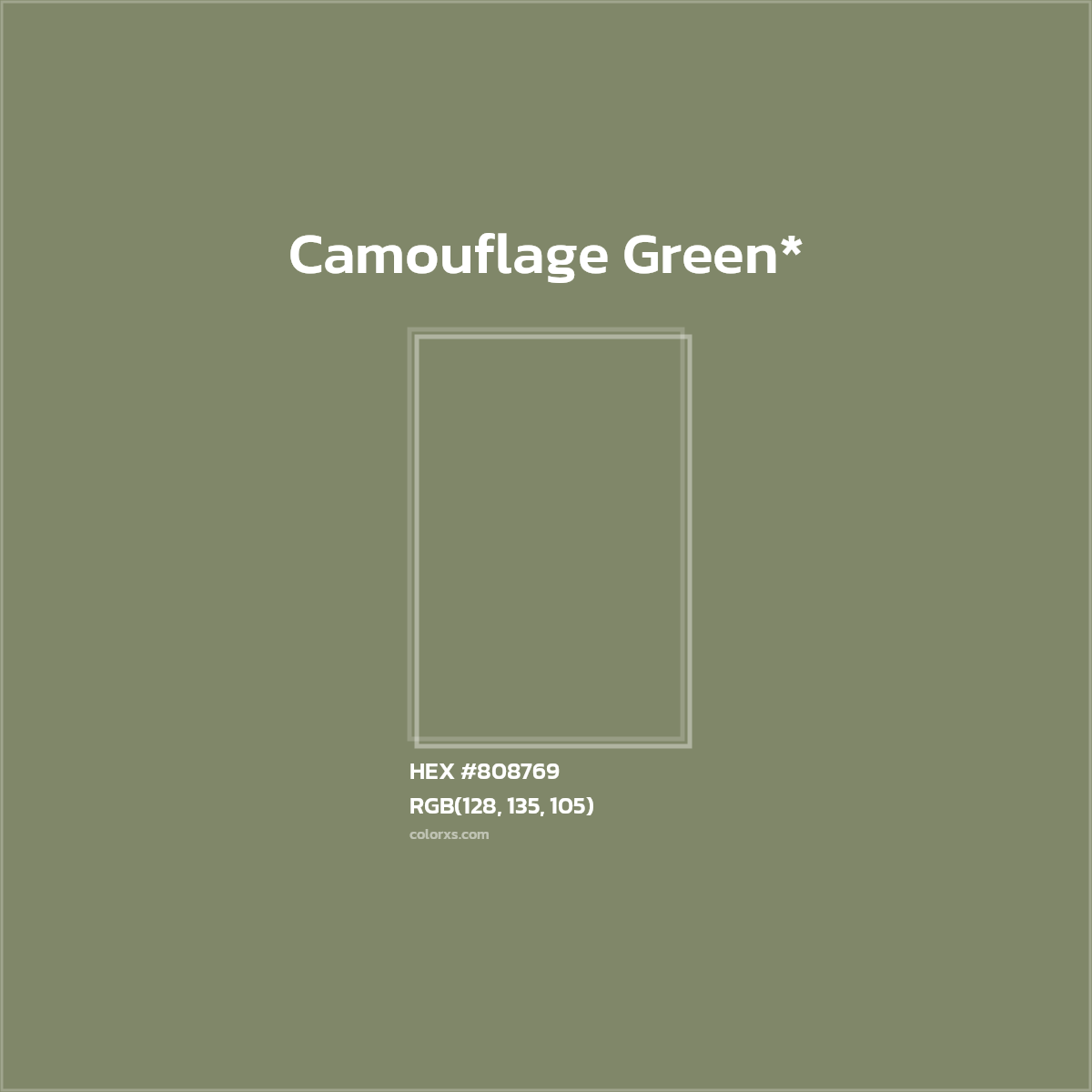#808769 hex color. RGB, RYB, CMYK, HSL, HSV codes and color conversions. Matching color names, palettes, paints.