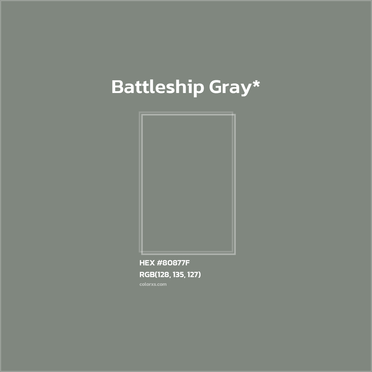 #80877F hex color. RGB, RYB, CMYK, HSL, HSV codes and color conversions. Matching color names, palettes, paints.