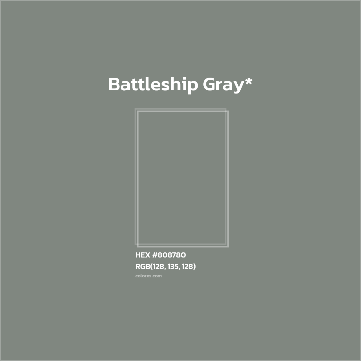 #808780 hex color. RGB, RYB, CMYK, HSL, HSV codes and color conversions. Matching color names, palettes, paints.