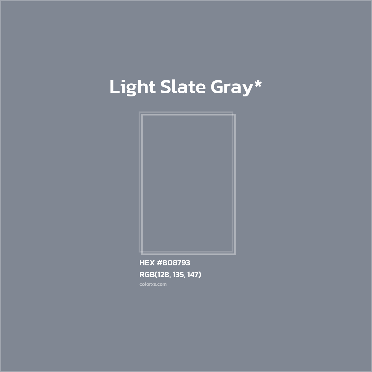 #808793 hex color. RGB, RYB, CMYK, HSL, HSV codes and color conversions. Matching color names, palettes, paints.