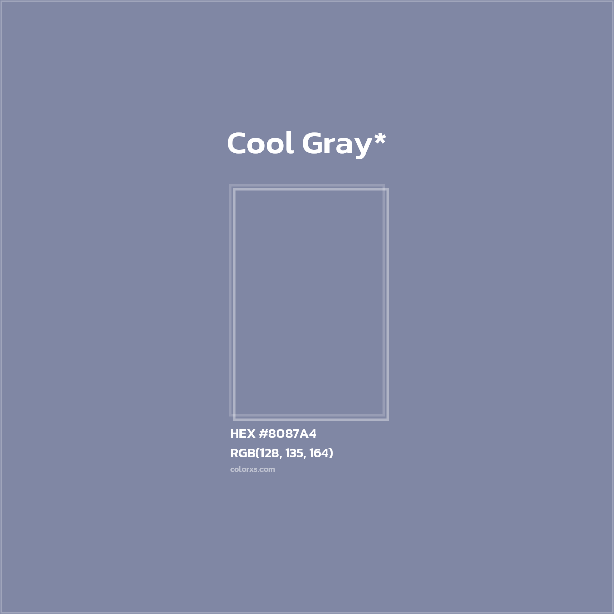 #8087A4 hex color. RGB, RYB, CMYK, HSL, HSV codes and color conversions. Matching color names, palettes, paints.