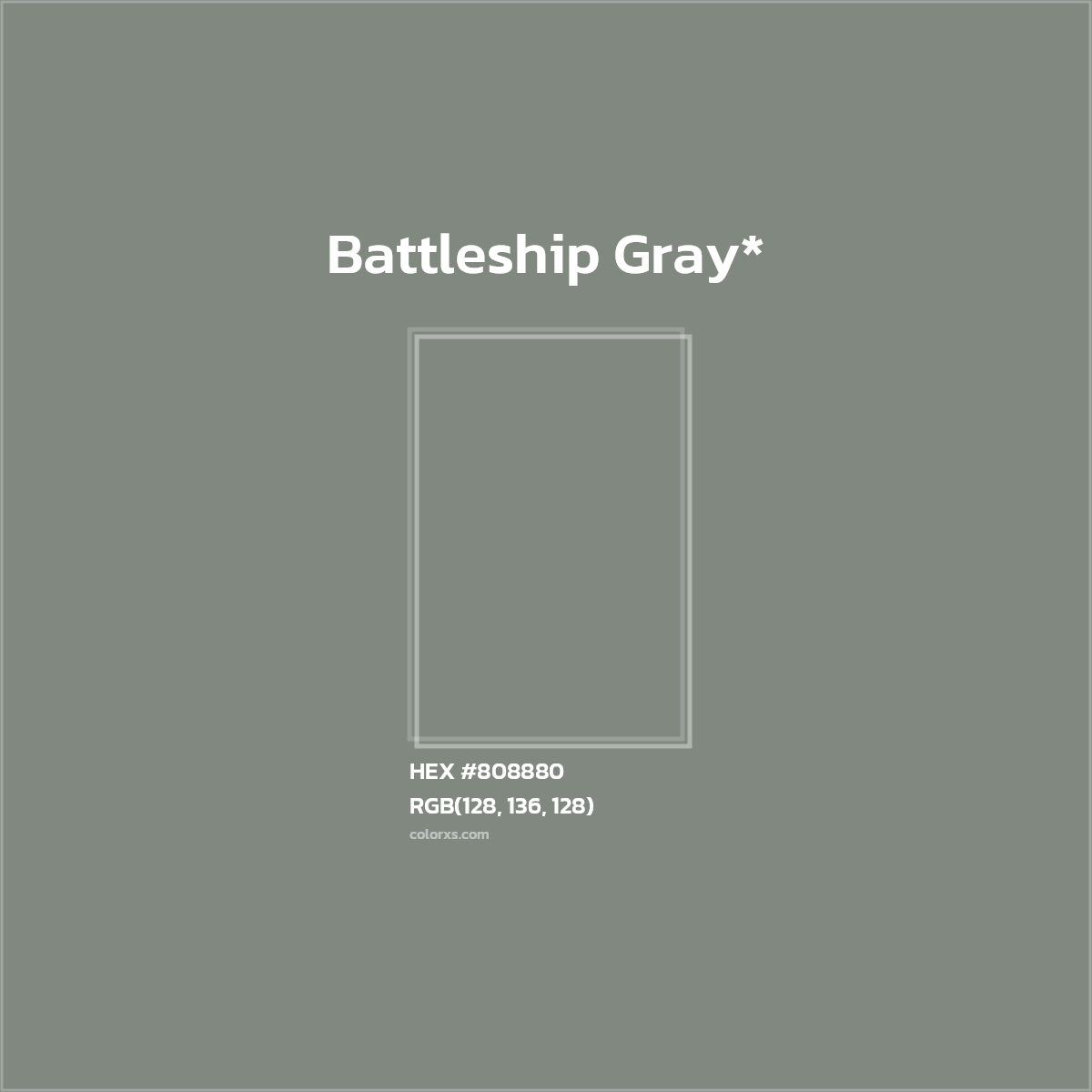 #808880 hex color. RGB, RYB, CMYK, HSL, HSV codes and color conversions. Matching color names, palettes, paints.