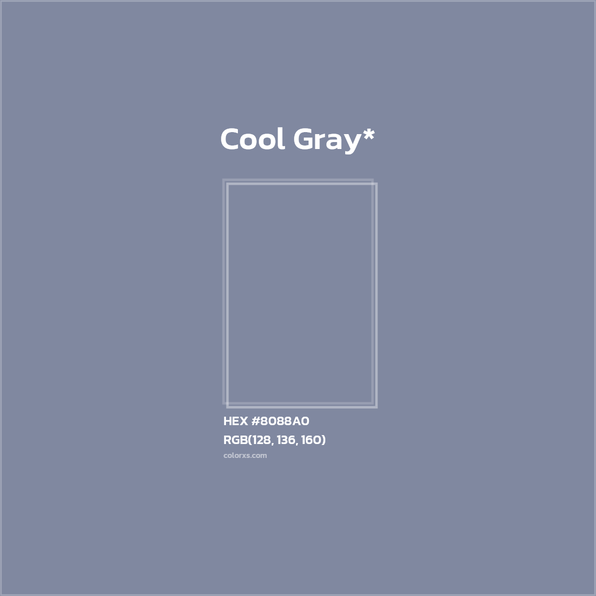 #8088A0 hex color. RGB, RYB, CMYK, HSL, HSV codes and color conversions. Matching color names, palettes, paints.
