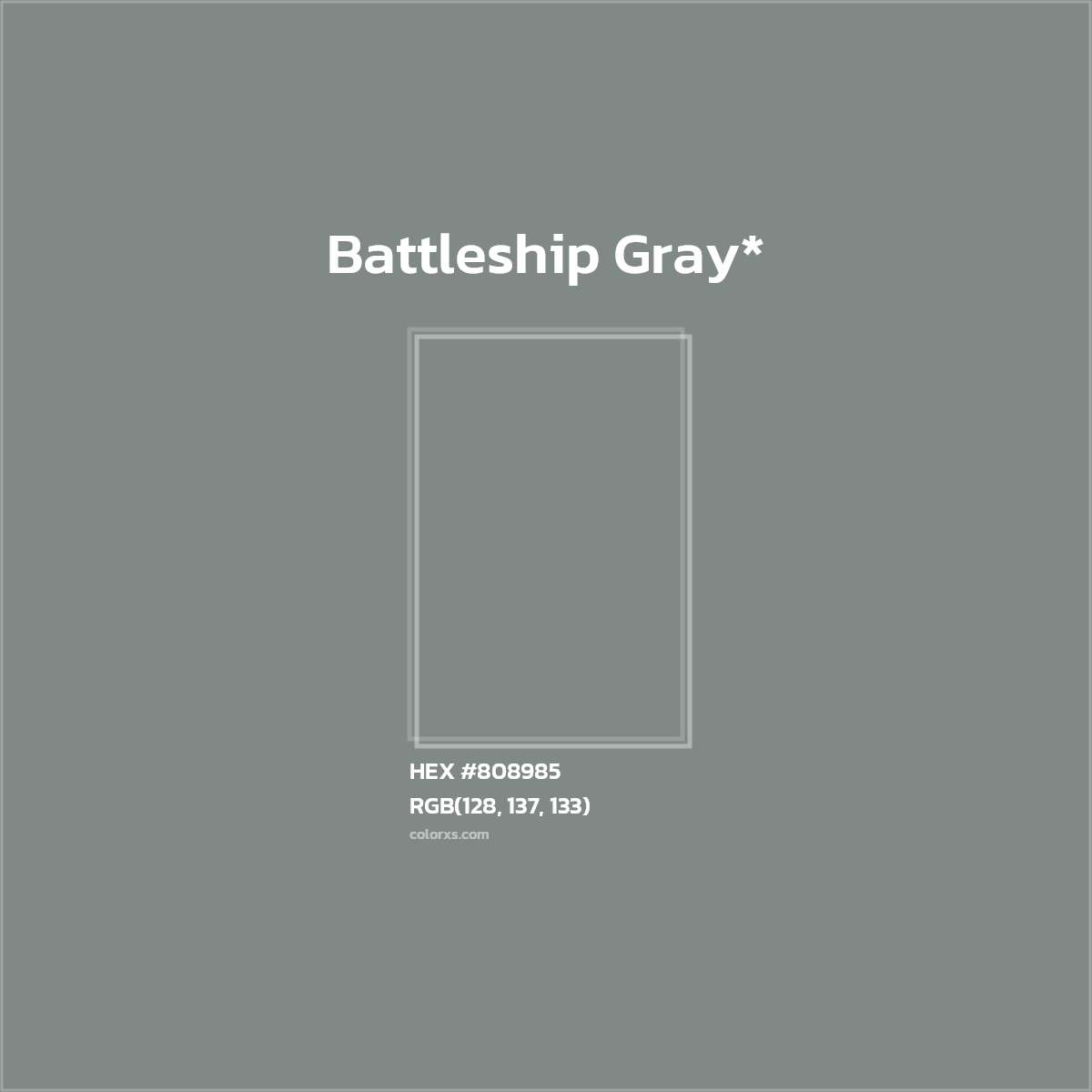 #808985 hex color. RGB, RYB, CMYK, HSL, HSV codes and color conversions. Matching color names, palettes, paints.