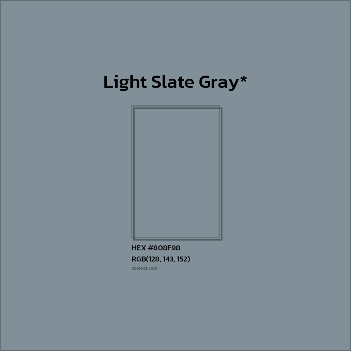 #808F98 hex color. RGB, RYB, CMYK, HSL, HSV codes and color conversions. Matching color names, palettes, paints.